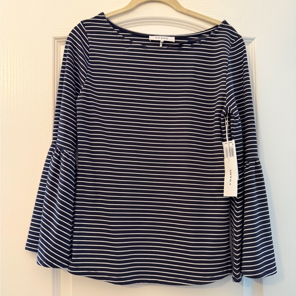 Frame Bell Sleeve Boatneck Top | Navy White Pinstripe Nautical Blouse | NWT M